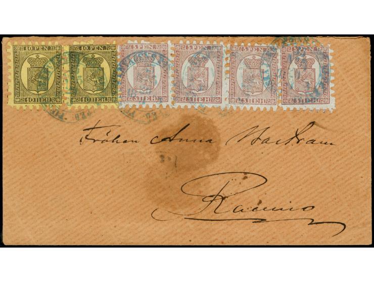 5 penni reddish lilac-brown on laid paper, 4 singles in combination with two singles 10 penni on brown-yellowish ordinary pap