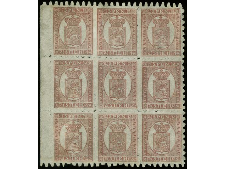 5 penni reddish lilac-brown, roulette III, block on nine with left sheet margin, block setting 1,2,3 + 11,13,16 and 19,22 and