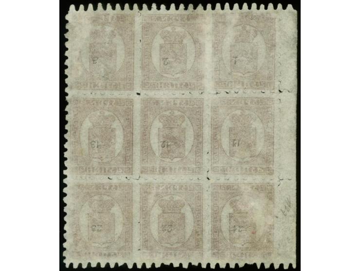 5 penni reddish lilac-brown, roulette III, block on nine with left sheet margin, block setting 1,2,3 + 11,13,16 and 19,22 and