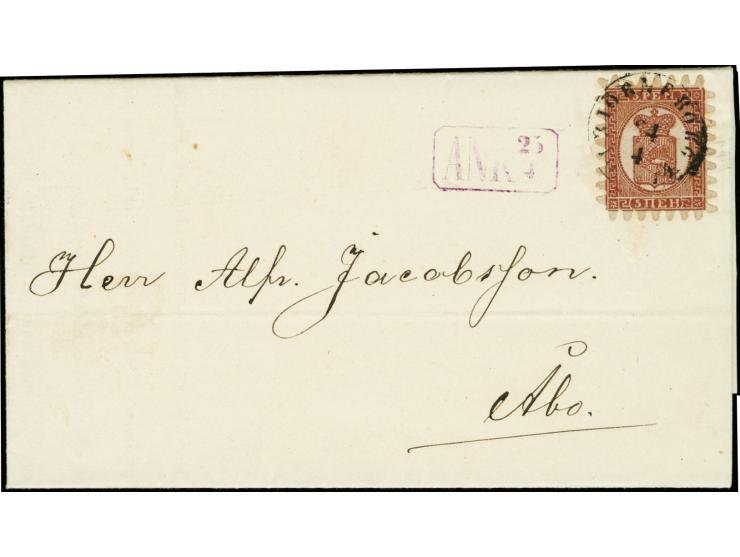 5 penni reddish lilac-brown, roulette III, tied by cds. "BJÖRNEBORG  24 4 1874" to printed matter to Abo, one shortened perfo