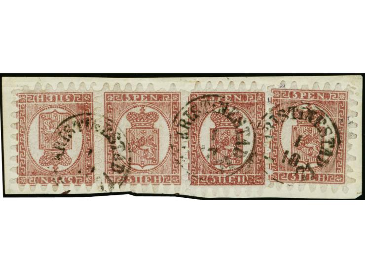 5 penni as horizontal strip of three with tête-bêche pair and single tied by cds. "KRISTINESTAD 1 10 1871" to small piece, th
