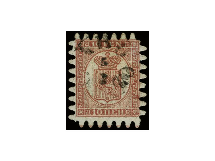 10 penni carmine-brown in good shade with cds. "ABO 5 7 1870", a very desirable stamp with perfect rouletting, signed Köhler 