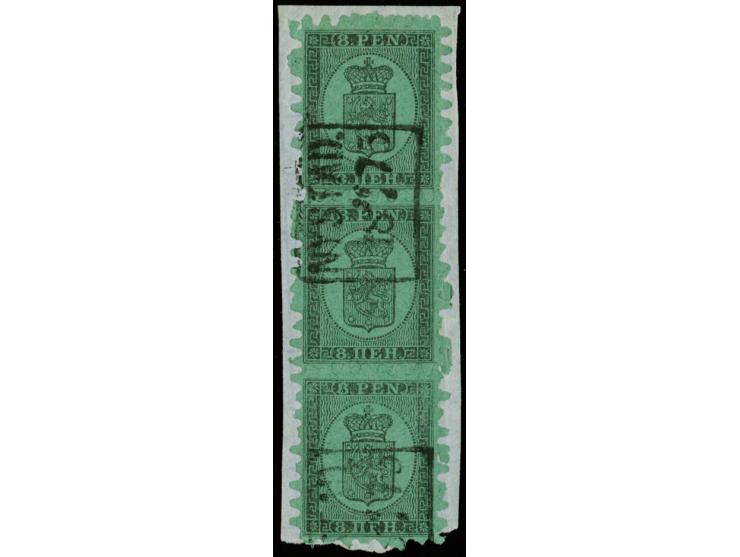8 penni, roulette II, as vertical strip of three in very fresh shade tied by high boxed "NYSTAD. 26 4 1875" to small piece, f