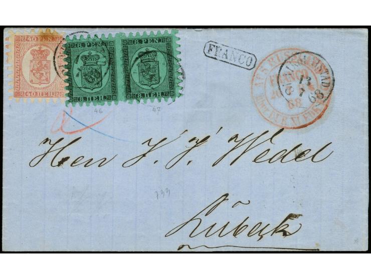 8 penni, roulette II, as beautiful horizontal pair in combination with single 40 penni on ordinary paper, roulette III, tied 