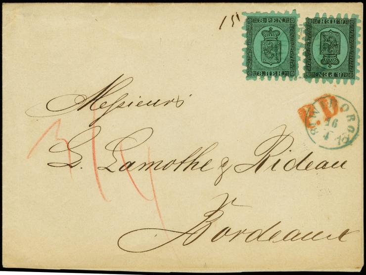 8 penni, roulette III, two singles tied by light blue cds. "WIBORG 16 4 1873" to printed matter (with contents) to Bordeaux, 