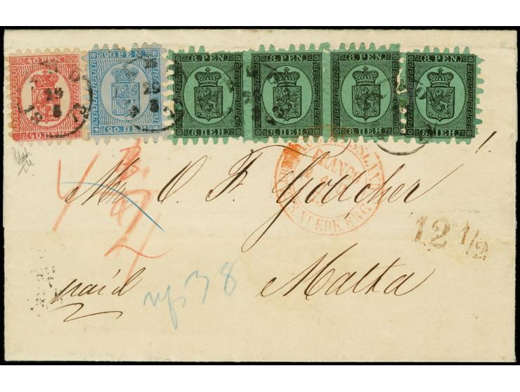8 penni as horizontal strip of three and single in combination with 20 penni blue on grey-blue paper and 40 penni carmine on 