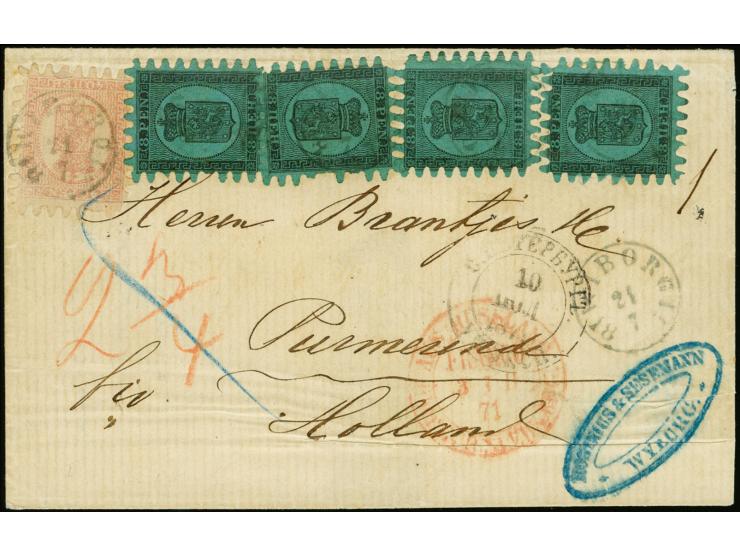 8 penni, four singles in combination with single 40 penni light red on ordinary paper with light cds. "WIBORG 21 7 1871" on c