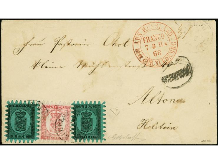 8 penni, two singles in combination with 40 penni carmine-rose,  roulette III, tied by cds. "HELSINGFORS 3 3 1868" to cover t