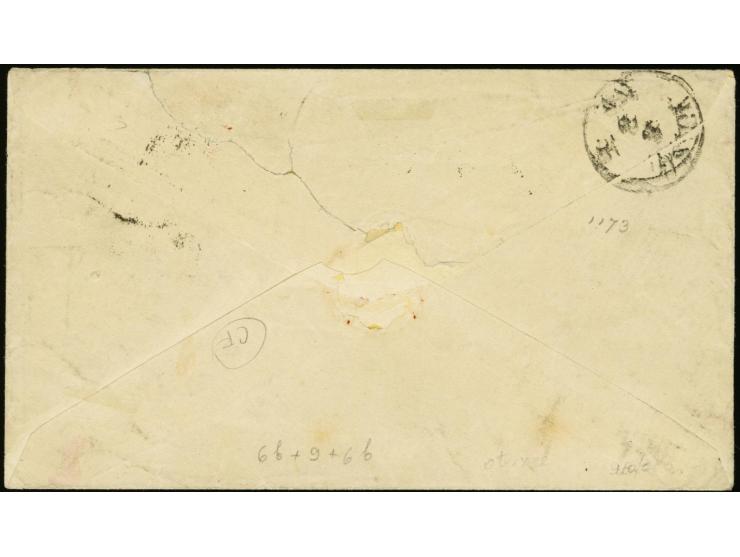 8 penni, two singles in combination with 40 penni carmine-rose,  roulette III, tied by cds. "HELSINGFORS 3 3 1868" to cover t