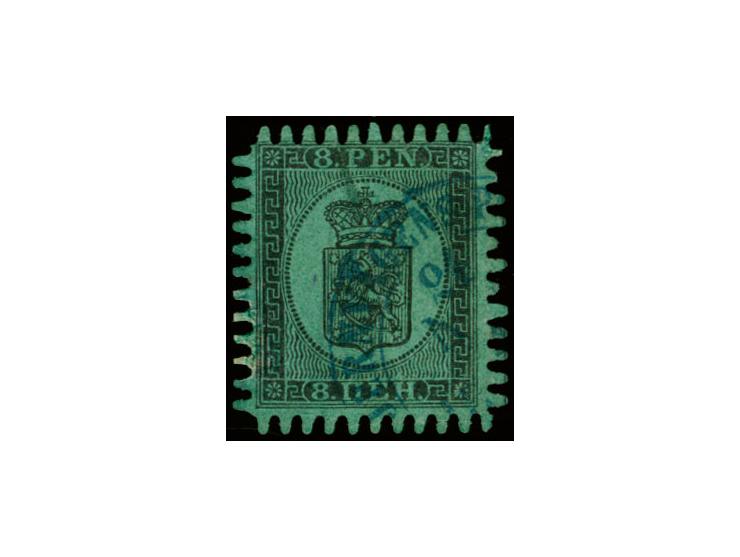 8 penni,  roulette V, in brilliant shade and of very good appearance, five perforations added, small creases, neatly cancelle