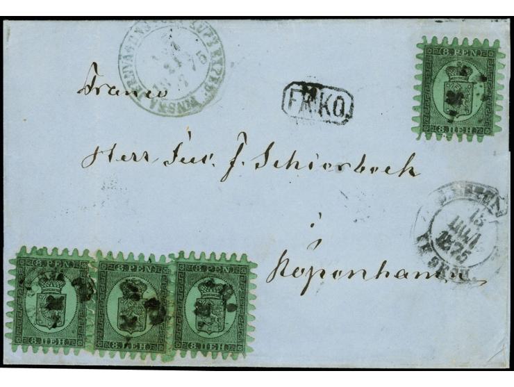8 penni, roulette III, four singles with cds. "BORGA 24 7 1875" on folded lettersheet with framed "FR.KO" and railway mark al