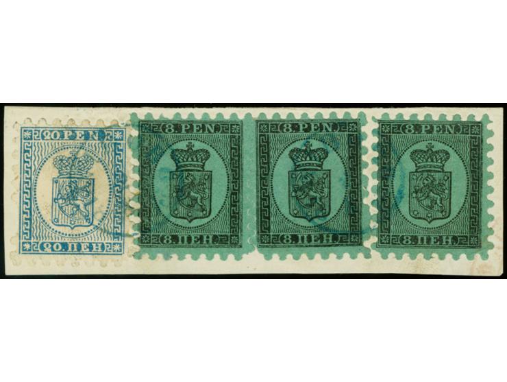 8 penni as horizontal pair and single, roulette I, in combination with 20 penni blue, tied by cds. "WIBORG 2 8 1873" to small