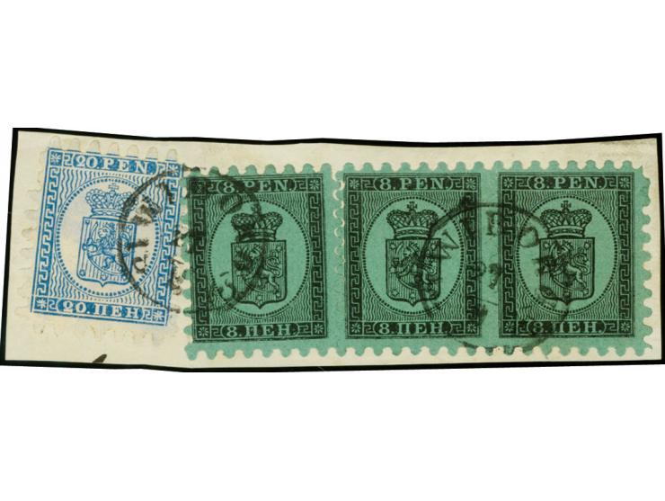 8 penni as horizontal strip of three, roulette II, (some perfs separated at left) in combination with 20 penni blue, tied by 