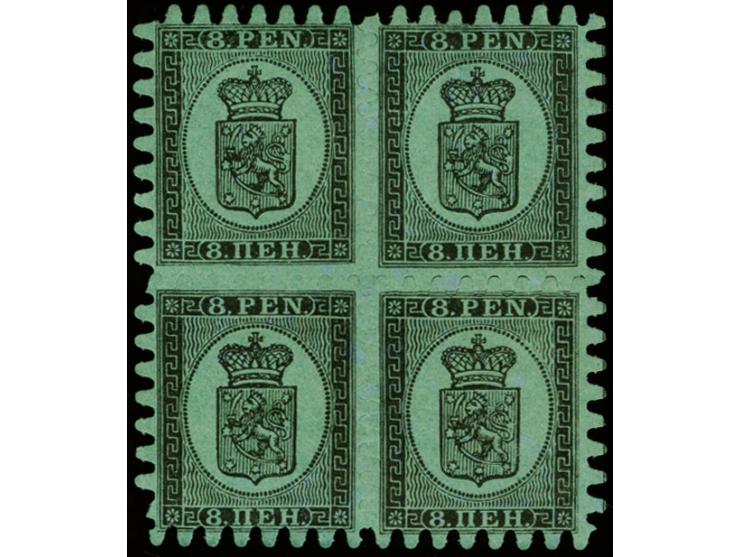 8 penni, roulette III, as block of four in a fresh shade, position 34-35 and 44-45, one short and one added perforation, othe