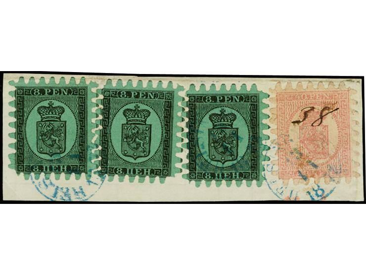 8 penni black on ordinary yellow-green paper, three singles in combination with 40 penni pale rose, all roulette III, tied by
