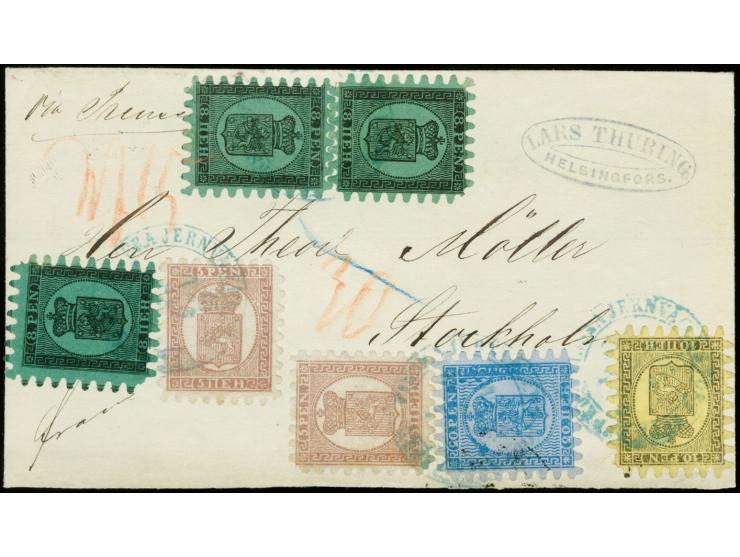 8 penni, three singles in combination with 10 black on straw-yellow and 20 penni blue on grey-blue paper as singles and two s