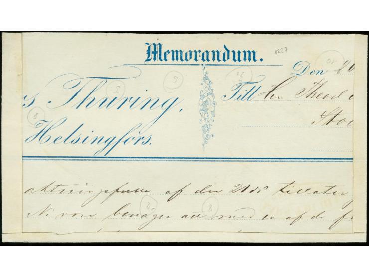 8 penni, three singles in combination with 10 black on straw-yellow and 20 penni blue on grey-blue paper as singles and two s