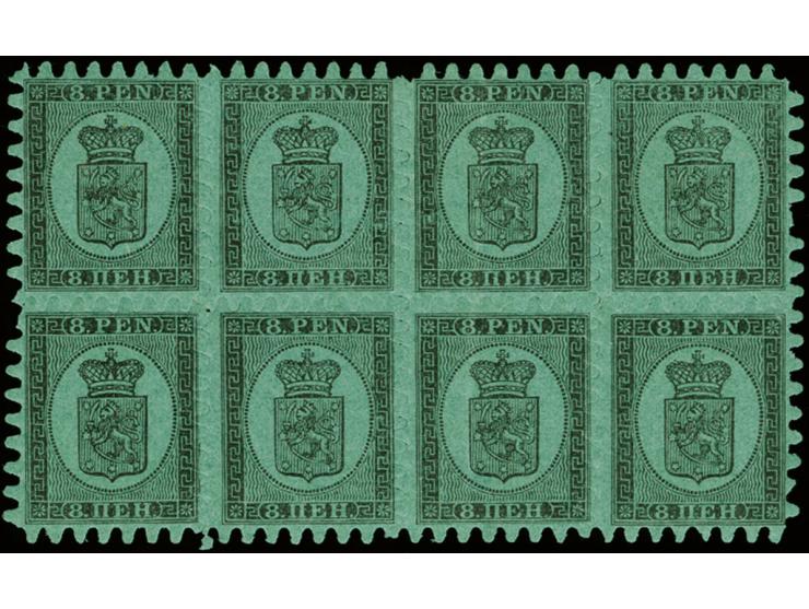 8 penni, roulette II, as a wonderfully fresh block of eight with almost full original gum, rouletting very good with only a f