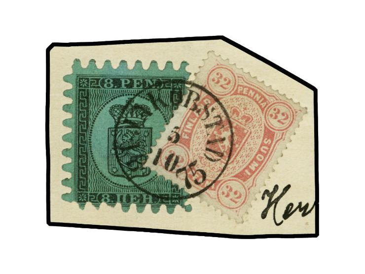 8 penni, roulette II, in combination with 1875 lion issue 32 penni carmine, tied by neat concentric cds. "JAKOBSTAD 5 10 1875