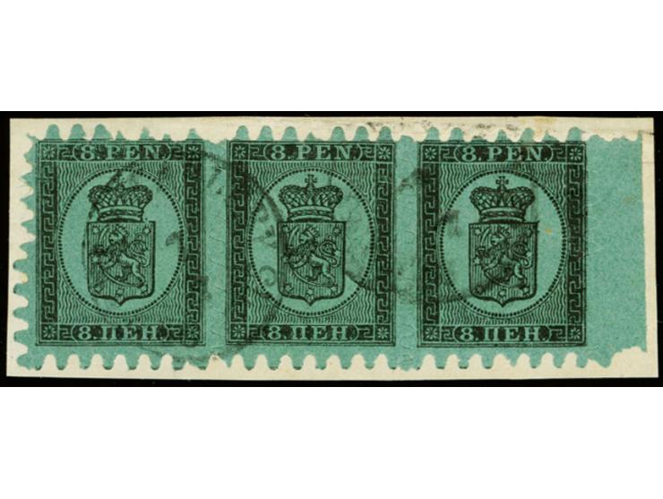 8 penni, roulette II, as horizontal strip of three with right sheet margin, with variety "double rouletting on two sides", th