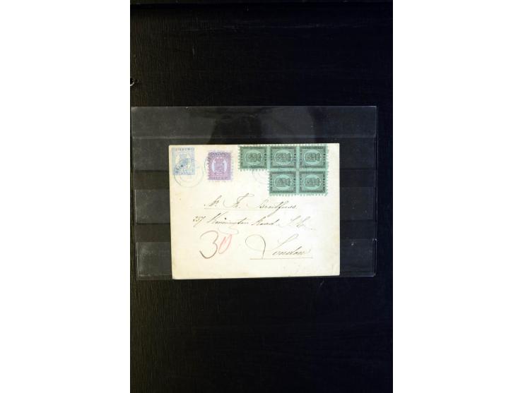 8 penni black on ribbed yellow-green paper as irregular block of five in combination with 5 penni brown on pale lilac blue pa