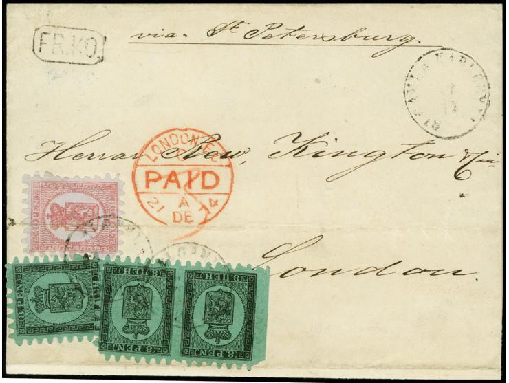 8 penni, roulette II, horizontal pair with sheet margin and single in combination with 40 penni carmine on bluish lilac paper