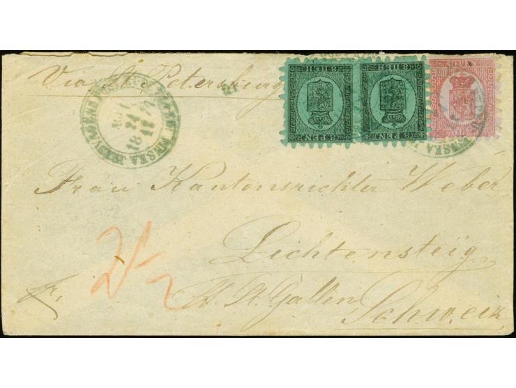 8 penni, roulette II, two singles in combination with 40 penni lilac red on ordinary bluish-lilac paper tied by green TPO pos