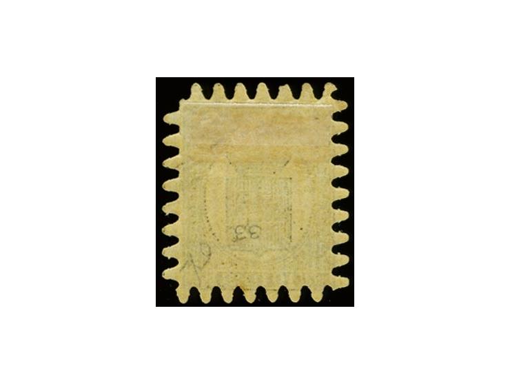 10 penni black on laid chamois paper, roulette III, in very fresh shade and with complete rouletting and much original gum, v