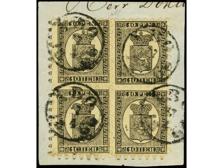 10 penni black on laid chamois paper, roulette II, as superb block of four, tied by small cds. "ABO 24 6 1866" to piece, very