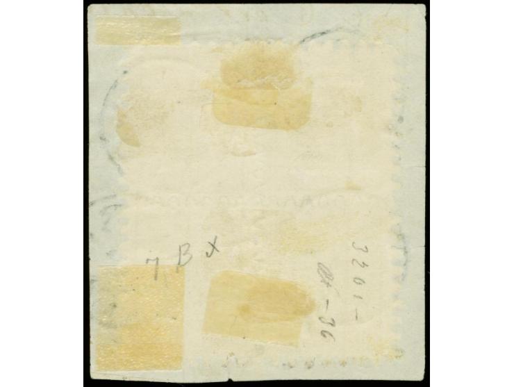 10 penni black on laid chamois paper, roulette II, as superb block of four, tied by small cds. "ABO 24 6 1866" to piece, very