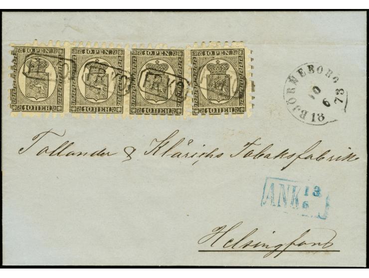 10 penni black on laid chamois paper, roulette III, as horizontal strip and single, with four clear strikes of framed "FR.KO"