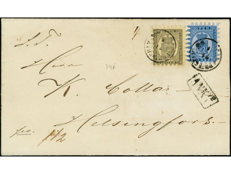 10 penni in combination with 20 penni blue on lilac-blue paper, roulette II, with cds. "FREDERIKSHAM 21 1 1868" on folded let
