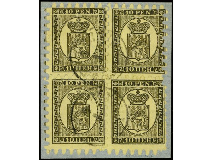 10 penni, roulette III, as block of four with illegible small cds. on piece, one short perforation at lower right and faint v