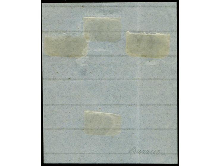 10 penni, roulette III, as block of four with illegible small cds. on piece, one short perforation at lower right and faint v