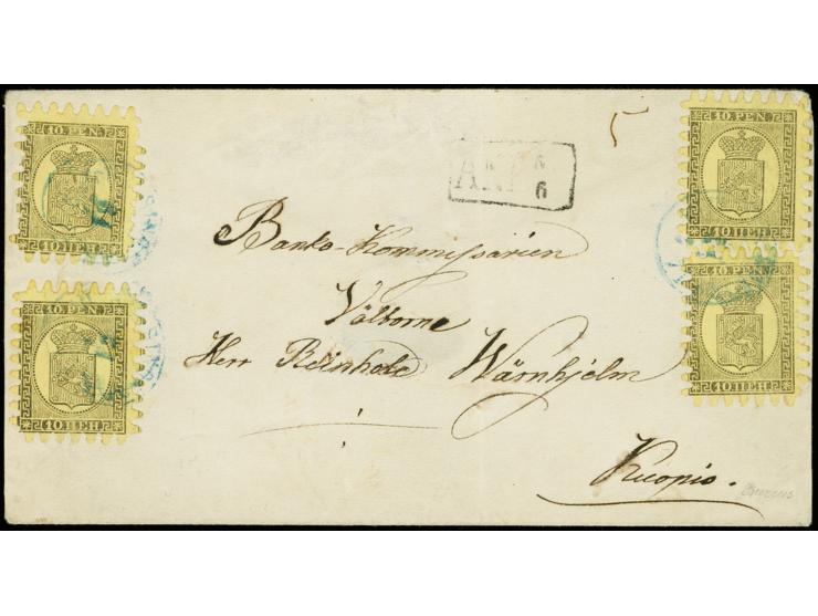 10 penni black on ordinary, straw-yellow paper, roulette III, 4 singles tied by clue cds. "HELSINGFORS 31 5 1875" to cover to