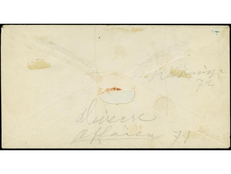 10 penni black on ordinary, straw-yellow paper, roulette III, 4 singles tied by clue cds. "HELSINGFORS 31 5 1875" to cover to