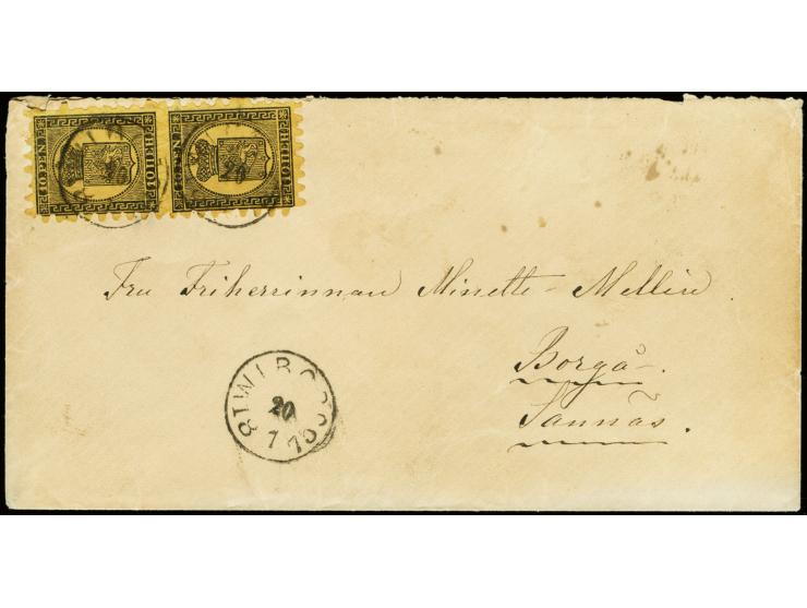 10 penni black on ordinary, chamois paper, roulette II, as vertical pair tied by cds. "WIBORG 20 7 1875" to envelope to Borga