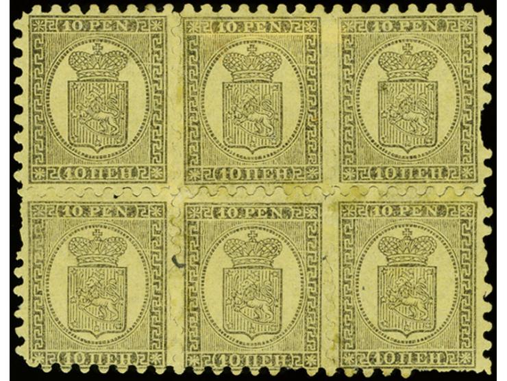 10 penni black on ordinary, brown-yellow paper as block of six, roulette I, unused without gum, several short teeth and roule
