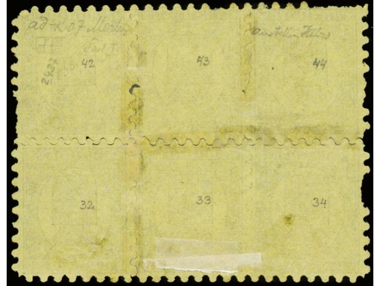 10 penni black on ordinary, brown-yellow paper as block of six, roulette I, unused without gum, several short teeth and roule