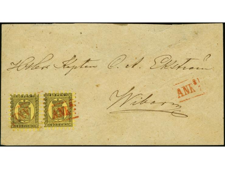 10 penni, roulette III, two single in very good shade tied by red. boxed "ANK" to beautiful cover to Wiborg, few repaired per