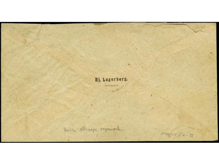 10 penni, roulette III, two single in very good shade tied by red. boxed "ANK" to beautiful cover to Wiborg, few repaired per