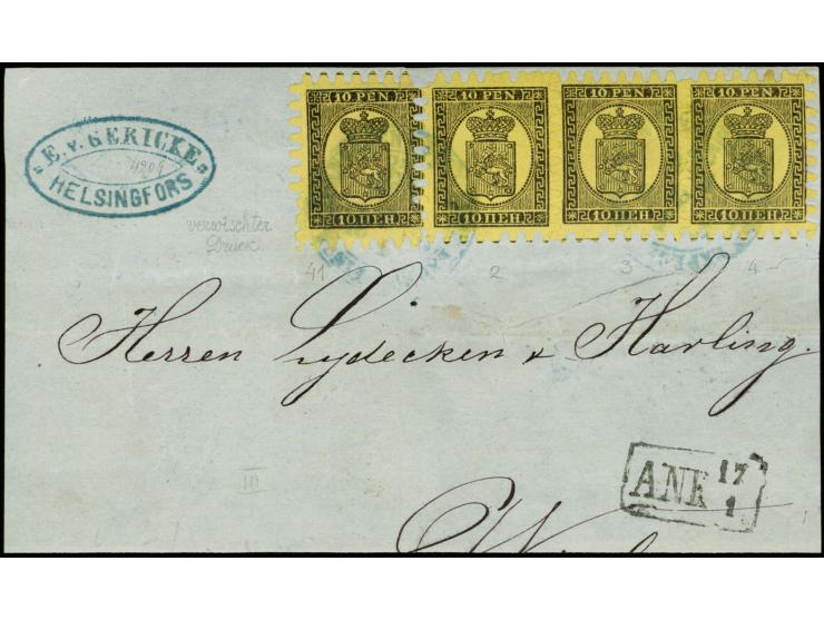 10 penni black on ordinary, brown-yellow paper, roulette III, as wonderfully fresh horizontal strip of three plus a single ti