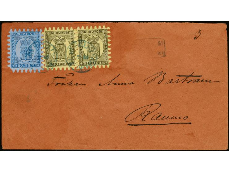10 penni, two singles in combination with 20 penni blue on ordinary grey-blue paper tied by neat blue cds. "HELSINGFORS  3 6 