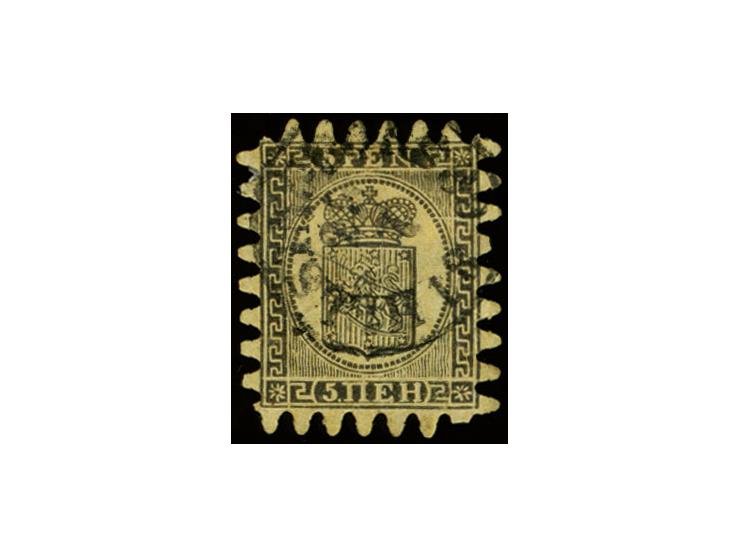 5 penni black on buff medium laid paper, roulette III, very good shade with cds. of Helsingfors, two short perforations and a