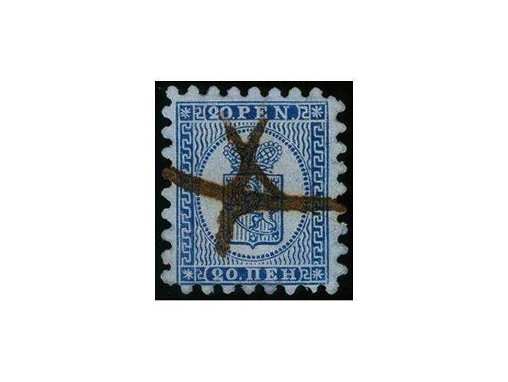 20 penni blue on ordinary lilac-blue paper, roulette I, very fresh colour used with pen strokes, one slightly nibbed perforat