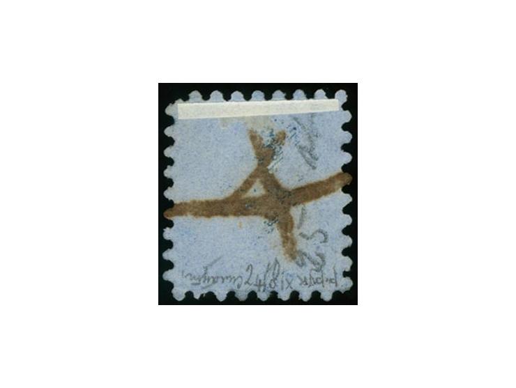 20 penni blue on ordinary lilac-blue paper, roulette I, very fresh colour used with pen strokes, one slightly nibbed perforat