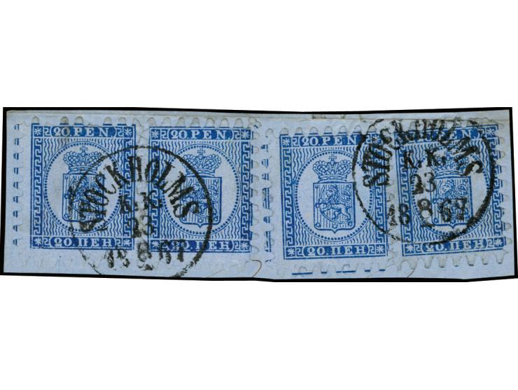 20 penni blue on ordinary lilac-blue paper, roulette II, two horizontal pairs in good colour tied by clear cds. "STOCKHOLM 23