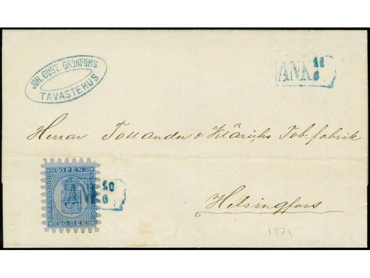 20 penni blue on ordinary lilac-blue paper, roulette III, tied upon arrival by neat blue boxed "ANK 10 6" to folded letter fr