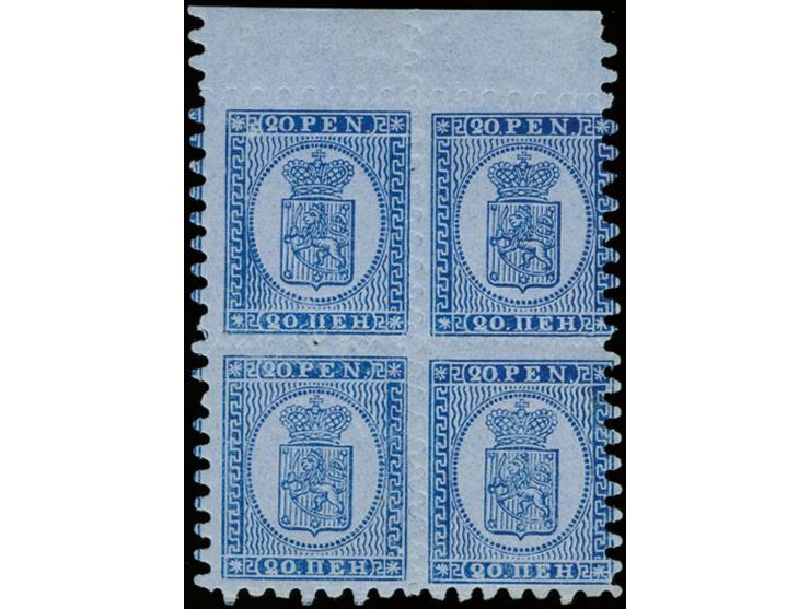 20 penni deep blue block of four with upper sheet margins, on ordinary grey blue paper, roulette II, very nice and fresh colo