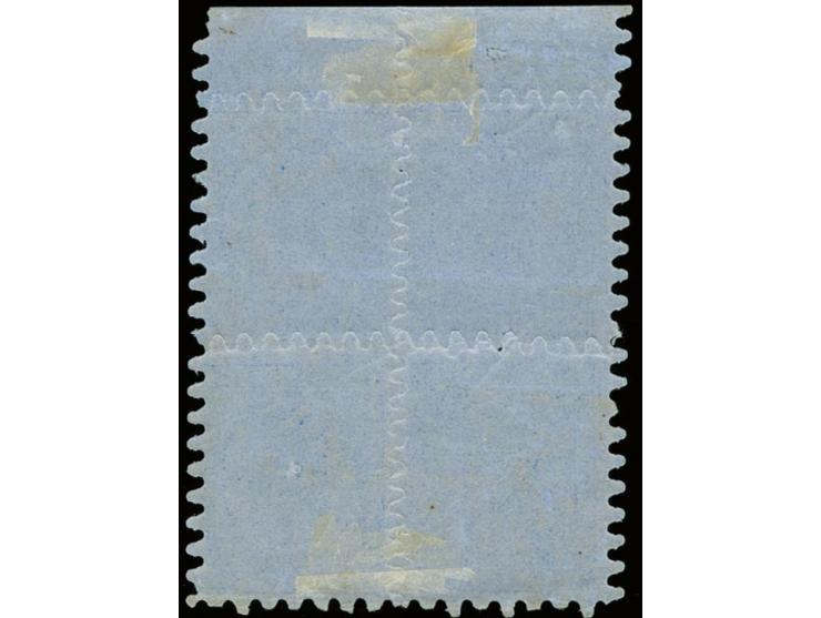 20 penni deep blue block of four with upper sheet margins, on ordinary grey blue paper, roulette II, very nice and fresh colo